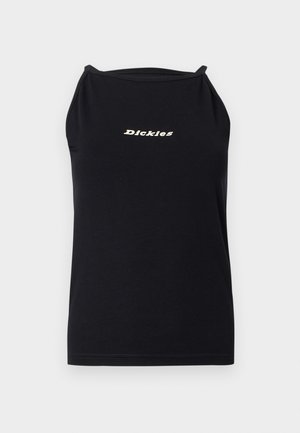 Juoda be rankovių halterio tipo palaidinė su siaurais dirželiais ir „Dickies“ užrašu smėlio spalva, centrinėje krūtinės dalyje ant šviesaus, paprasto fono.