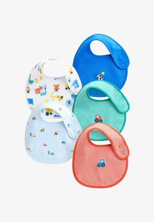 Fem savlesmækkere til baby i forskellige farver: blå, hvid med mønstre, lyseblå med striber, grøn med striber og rød med hvide striber. Hver har en knaplukning.