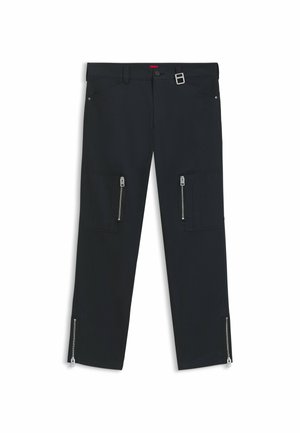 Black pants with a straight cut, made from durable fabric. Features multiple zippered pockets and zippers at the ankles for adjustability.