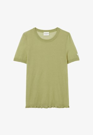 Top in maglia verde chiaro a maniche corte con scollo rotondo e orlo leggermente arricciato, con una piccola etichetta del marchio sulla manica sinistra.
