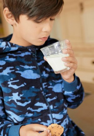 Niño sosteniendo un vaso de leche con una mano y una galleta con chispas de chocolate con la otra, vistiendo una sudadera con capucha azul de camuflaje.
