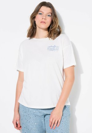 Witte katoenen T-shirt met korte mouwen, voorzien van een kleine blauwe graphic op de borst. Losse pasvorm met een ronde hals.