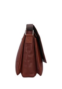 Brown leather messenger bag with three compartments, sturdy stitching, and an adjustable dark strap attached with a metal buckle.