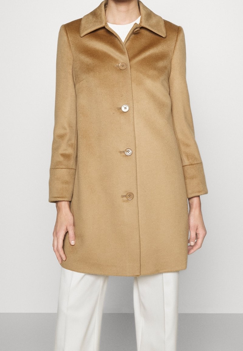 Femme portant un manteau camel arrivant aux genoux, à quatre boutons, debout avec les bras détendus, associée à un pantalon blanc et un haut blanc.