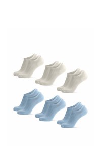 Set di sei calzini alla caviglia: tre bianchi e tre azzurri chiaro. Realizzati in tessuto morbido, dotati di un bordo a costine e un design minimalista.