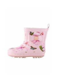 Botte de pluie en caoutchouc rose avec des motifs floraux et de papillons, un accent en nœud, une semelle texturée et un logo sur le côté. Intérieur rembourré pour le confort.