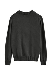 Ciemnoszary sweter, dzianinowa faktura, okrągły dekolt, ściśnięte mankiety i dół, długie rękawy, gładki wzór, widok z tyłu.
