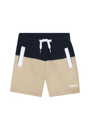 Børneshorts i marineblå og beige, lavet af bomuldsblanding. Har elastisk talje, snørelukning og hvide detaljer.