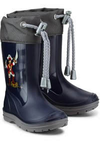 Bottes de pluie en caoutchouc bleu marine avec des poignets en tissu gris, design pirate décoratif, cordon de serrage ajustable et semelles texturées pour une meilleure adhérence.