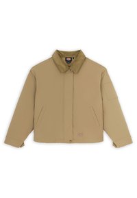 Veste marron clair avec col en velours côtelé, deux poches avant, manches longues avec poignets réglables et un écusson logo près de l'ourlet.
