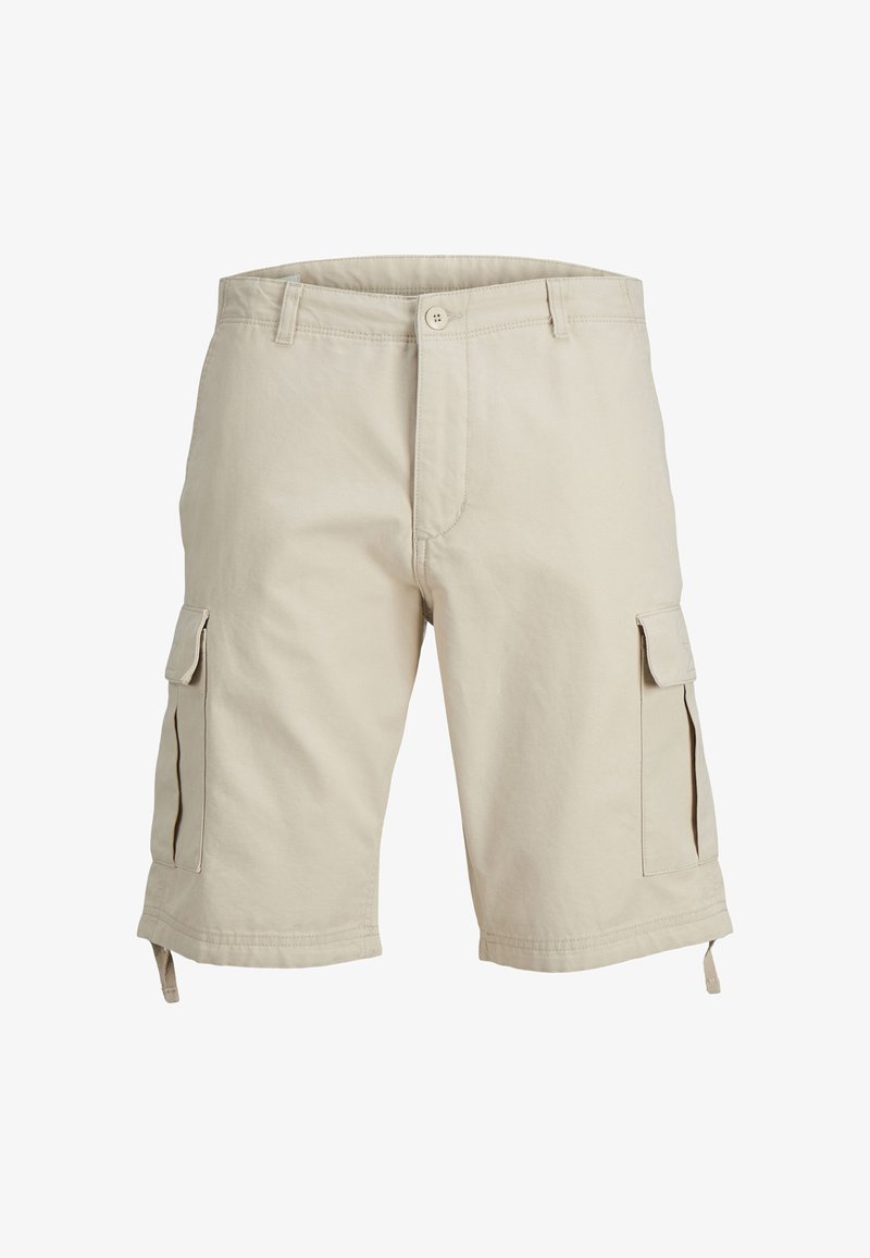 Shorts cargo beiges en mélange de coton. Comprend des poches latérales, une fermeture à bouton et des cordons de serrage ajustables au bas.