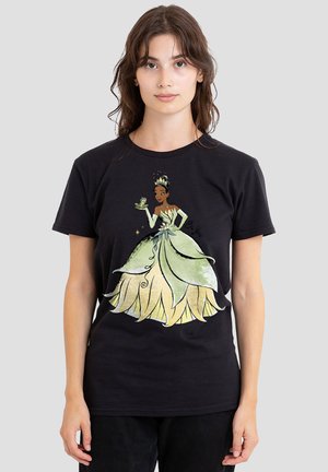 Black t-shirt featuring a colorful graphic of a princess in a green and yellow gown, holding a frog. Soft cotton fabric, short sleeves.