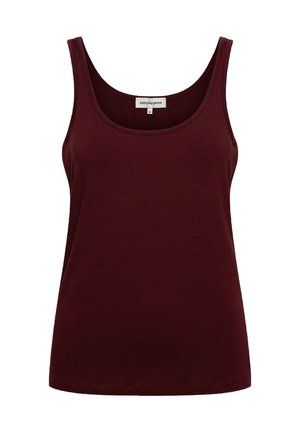 Mouwloos donker bordeaux tanktop met een ronde hals en een medium maat label binnenin de kraag.
