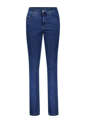 Dunkelblaue Jeans mit geradem Bein, vorderem Knopf und Reißverschluss, Gürtelschlaufen und vorderen Taschen, dargestellt auf weißem Hintergrund.