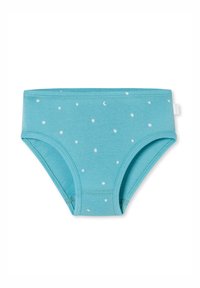Turquoise cotton underwear with white star and moon pattern. Features a seamless waistband and curved leg openings for comfort.