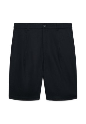 Schwarze, maßgeschneiderte Shorts mit vorderen Falten, Gürtelschlaufen, Knopfverschluss und seitlichen Taschen, entworfen für einen formellen oder halbformellen Look.