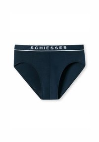 Slip in cotone blu navy con logo SCHIESSER bianco sulla vita elastica. Presenta una texture liscia e una vestibilità standard con cuciture minime.