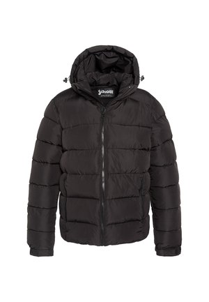 Veste matelassée noire avec capuche, fermeture éclair devant, poches latérales zippées et poignets réglables, étiquette Schott à l'intérieur du col.