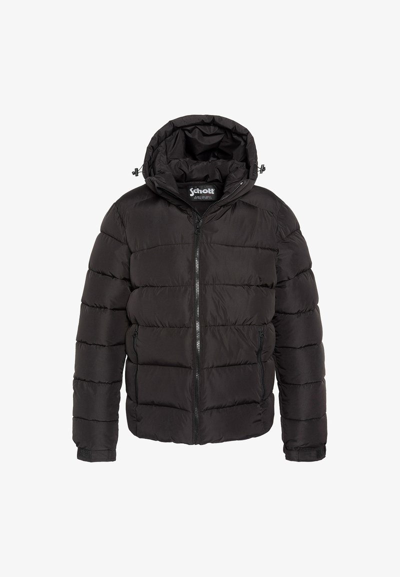 Veste matelassée noire avec capuche, fermeture éclair devant, poches latérales zippées et poignets réglables, étiquette Schott à l'intérieur du col.
