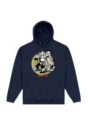 Granatowy hoodie z przednią kieszenią z postaciami z kreskówek w okrągłej grafice. Napis "Betty Boop Vintage" w kolorze czerwonym.