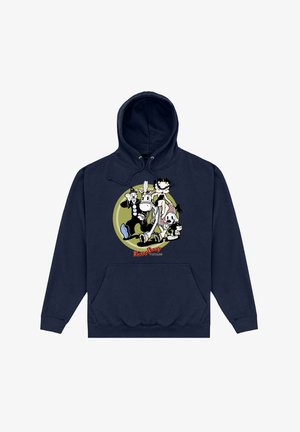 Námořnický modrý mikina s kapucí a přední kapsou, na které se nacházejí kreslené postavičky v kruhové grafice. Text zní "Betty Boop Vintage" v červené barvě.