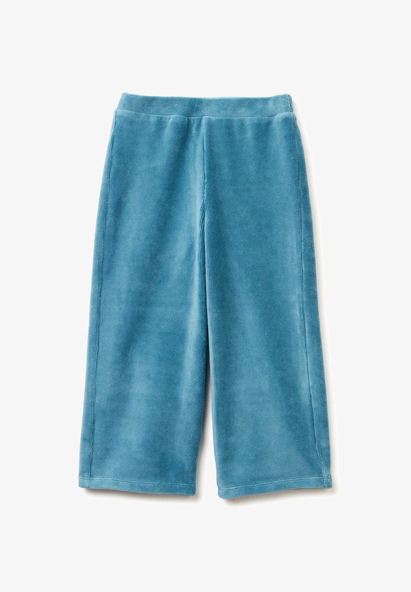 Blaue Cord-Hose im weiten Schnitt mit weicher Textur, elastischem Bund und geradem Saum. Verfügt über vertikale Rillen und eine lockere Silhouette.