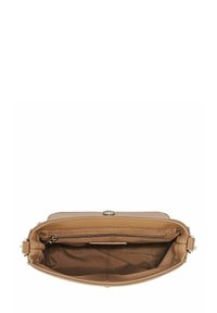 Jasnobrązowa skórzana torebka otwarta, aby pokazać przestronną wnętrze z wewnętrzną kieszenią na zamek i materiałowym wykończeniem.