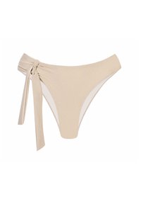 Beżowy dół bikini z wiązaniem z boku. Wykonany z błyszczącego, gładkiego materiału, ma klasyczny krój i jest w pełni podszewkowany.