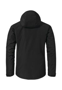 Černá nepromokavá bunda s kapucí, dlouhými rukávy a nastavitelnými zápěstními popruhy, zobrazená zezadu na bílém pozadí.