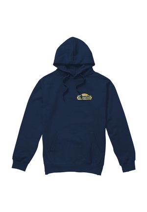 Navy blue hoodie with front pouch pocket, drawstring hood, and small yellow and white "Conductor" emblem on the chest.