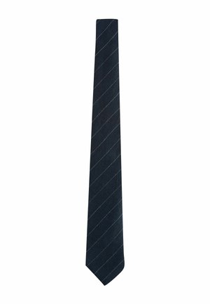 Navy blue tie with diagonal white stripes, made of textured fabric, slim design, pointed end. Suitable for formal occasions.