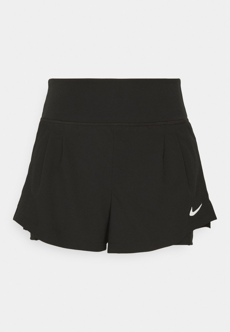 Schwarze Sportshorts mit weitem Bund, Falten-Details, geschwungenem Saum und weißem Nike-Logo auf der unteren rechten Seite.
