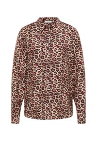 Leopardskinprint shirt gemaakt van zachte stof, met een kraag, lange mouwen en een knoopsluiting aan de voorkant. Kleuren zijn beige, zwart en rood.