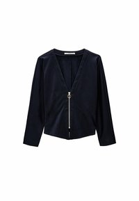 Blusa a maniche lunghe blu navy con scollatura a V profonda, caratterizzata da una chiusura anteriore con zip e un design sartoriale con dettagli cuciti.