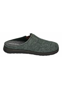 Groene vilten slipper met een ronde vorm, zachte textuur, zwarte rubberen zool en contrasterende bruine stiksels langs de rand.