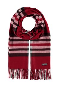 Écharpe à carreaux rouge et noire avec une texture douce, des bords frangés et une étiquette logo tissée, présentée en arrangement circulaire.