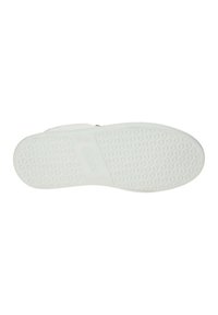 White rubber shoe sole with textured pattern, featuring round dots and a rectangular branding section. Smooth edge and flat design.
