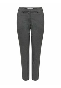 Pantaloni grigi su misura con vestibilità slim, realizzati in tessuto testurizzato. Presentano un frontale piatto, passanti per la cintura e una vita liscia.
