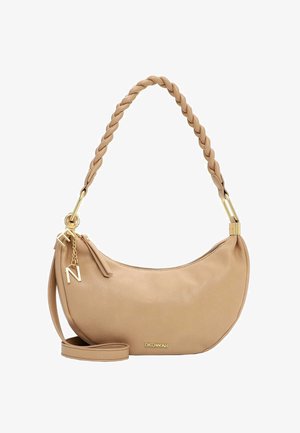 Beige crescent-shaped handbag with braided handle, gold zipper and charm, and "EMILY & NOAH" logo on front.