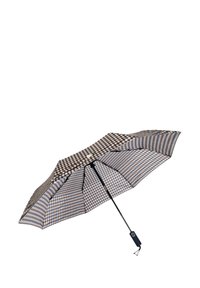 Ombrello compatto a quadretti marrone e crema con manico nero e stecche argento, dotato di design retraibile per una facile conservazione.