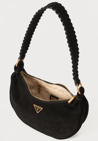 Black suede handbag with a braided handle and gold-tone hardware. Features a zip closure and a light-colored interior with a logo pattern.