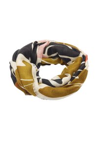 Wielobarwny szal z abstrakcyjnymi wzorami w kolorach czarnym, kremowym, różowym i oliwkowym; miękka faktura; frędzlowane brzegi; wzór okrągły.