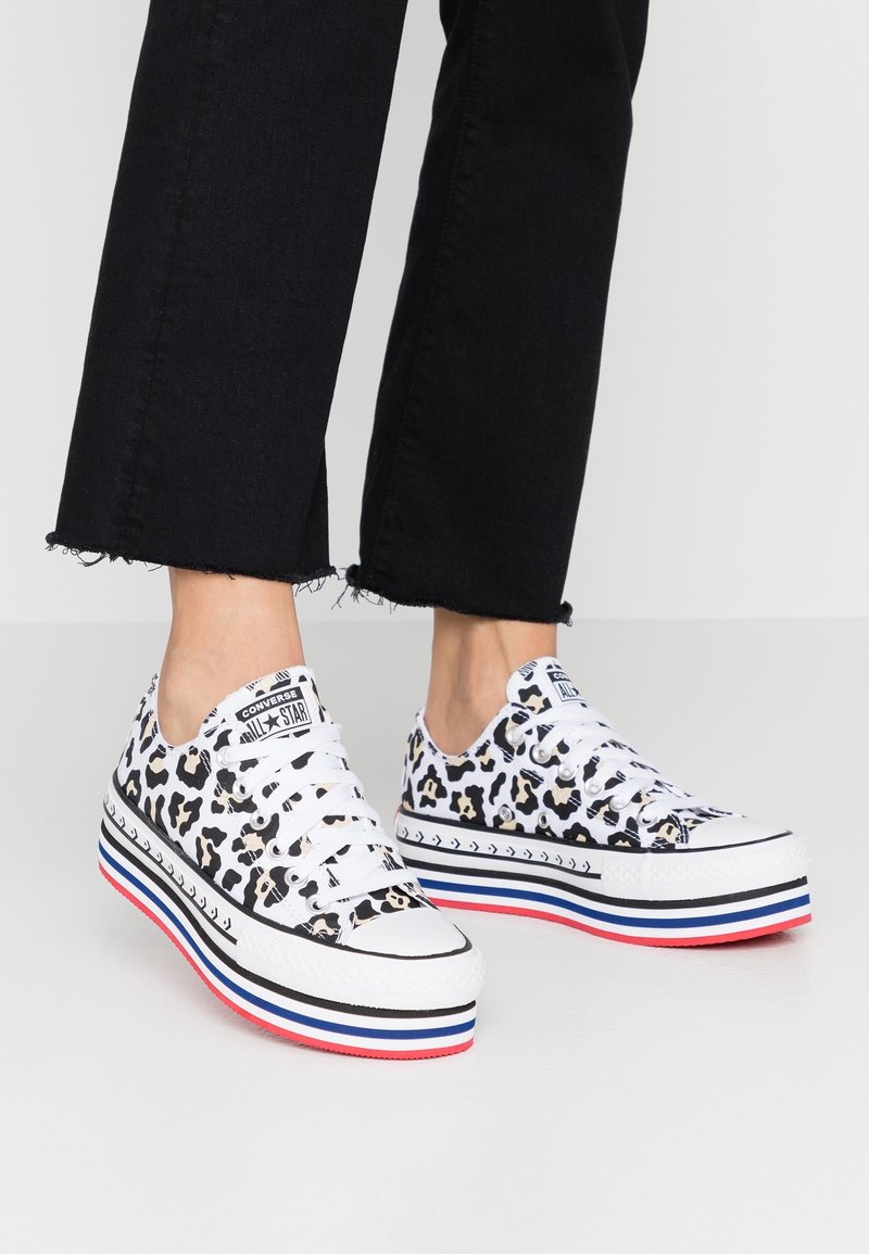 Piedi che indossano sneakers Converse con stampa leopardata bianca e suole a piattaforma con righe rosse, bianche e blu, abbinate a pantaloni neri a metà polpaccio.