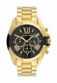 Orologio in metallo color oro con quadrante nero, caratterizzato da numeri romani, funzioni cronografiche e display della data alle 6.