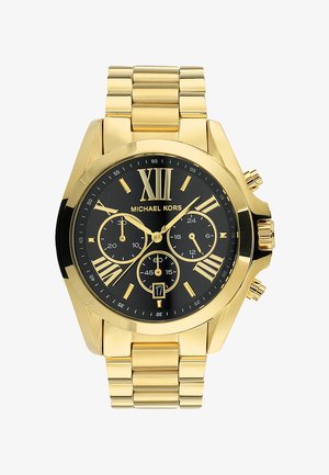 Goudkleurig metalen horloge met een zwarte wijzerplaat, voorzien van Romeinse cijfers, chronograaf functies en een datumaanduiding op 6 uur.