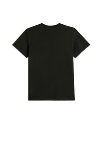 Schwarzes Baumwoll-T-Shirt mit Rundhalsausschnitt und kurzen Ärmeln. Die Rückansicht zeigt eine glatte Textur und ein klassisches, gerades Design.