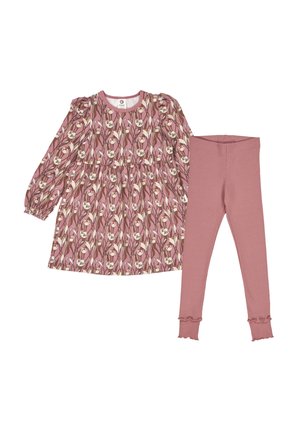 Two-piece children's outfit: floral-patterned dress in pink and neutrals with long sleeves, paired with solid pink leggings featuring ruffled hems.