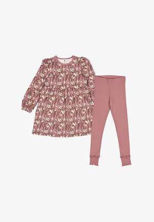 Two-piece children's outfit: floral-patterned dress in pink and neutrals with long sleeves, paired with solid pink leggings featuring ruffled hems.