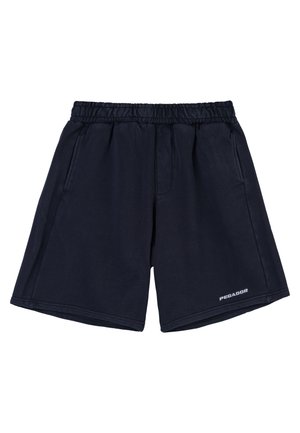 Marineblauwe shorts met een elastische tailleband, twee zijzakken, en de merknaam "PEGADOR" in het wit op het onderbeen. Zachte textuur.