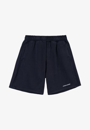 Navy blue shorts with an elastic waistband, two side pockets, and the brand name "PEGADOR" in white on the lower leg. Soft texture.